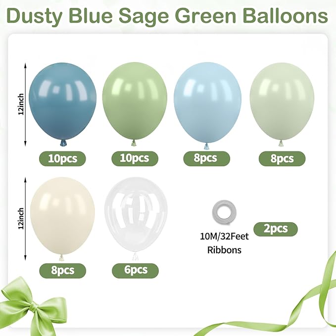 Sage Green and Blue Balloons, 50 Pcs 12 Inch Olive Green Dusty Blue Haze Beige White Transparent Party Balloons for Kids Baby Boy Shower Rabbit Boho Bridal Shower Wedding Birthday Party Decorations
