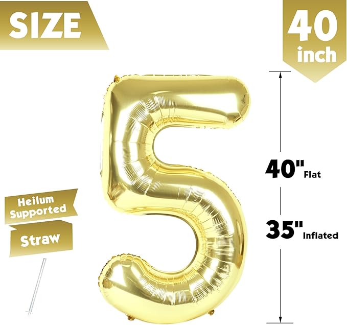 40 Inch Champagne Gold Number 5 Balloon, Giant 5 Number Balloons for 5th Birthday Decorations, Party Supplies for Baby Boy Girl, Champagne Gold Party Decor