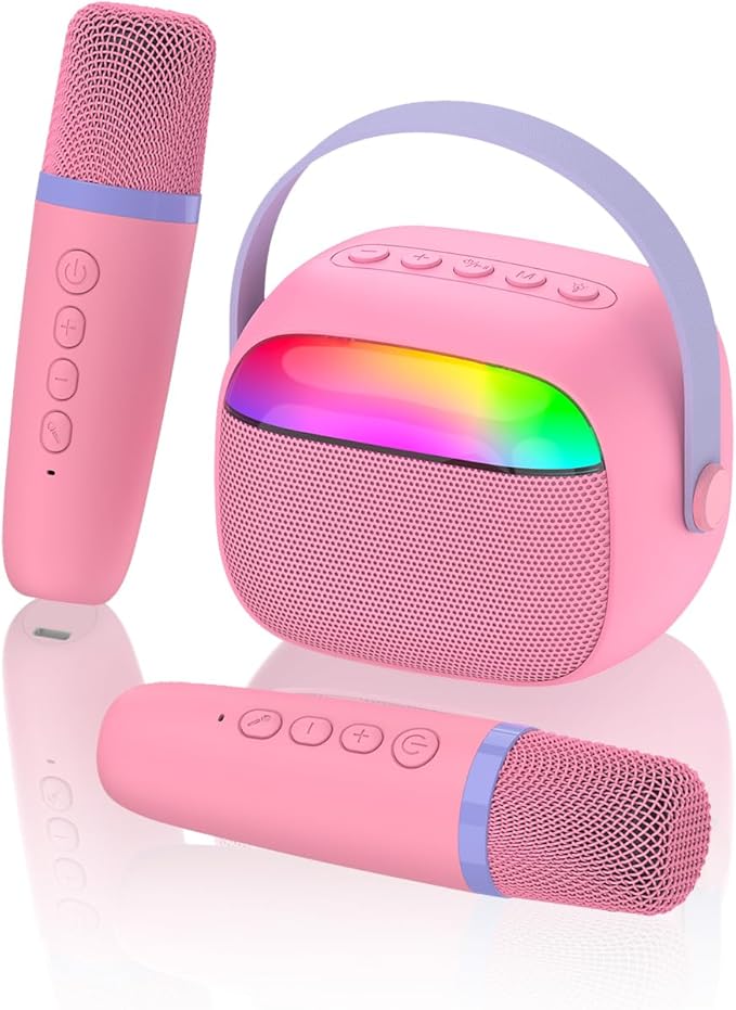 Mini Karaoke Machine with 2 Wireless Microphones for Kids Portable RGB Bluetooth Speaker Birthday Gift Toys for 3 4 5 6 7 8+ Year Old Girls Boys