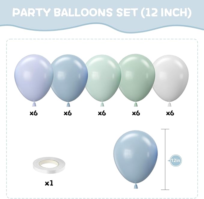 Blue and Green Balloons, 12 Inch Dusty Green Blue Sand White Pastel Sage Cream Balloon for Baby Shower Bridal Shower Wedding Boho Birthday Party Decorations