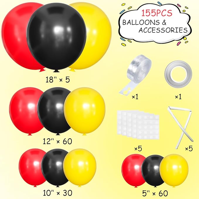Red Black Yellow Balloon Garland Arch Kit, 155Pcs Latex Balloons Different Size 18 12 10 5 inch for Cartoon Game Baby Shower Birthday Party Supplies