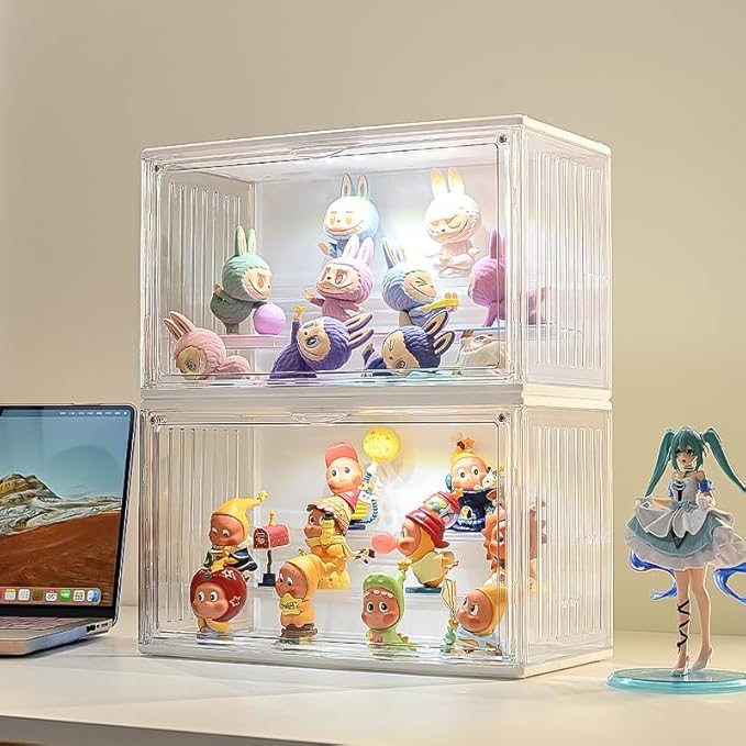 Lighted Figure Display Case, PET Clear Dustproof Collectible Display Box with LED Lighting, Multi-Tier Action Figure Storage Organizer for Mini Figures, Toys and Anime Collectibles