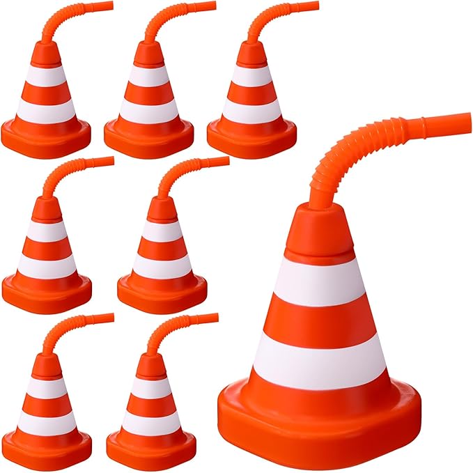 Sawysine 8 Pack Construction Cone Cups with Straws Bulk, Traffic Cones Party Favor 10 oz Plastic Reusable Kids Race Cups Set for Construction Traffic Theme Racing Car Birthday Party Supplies