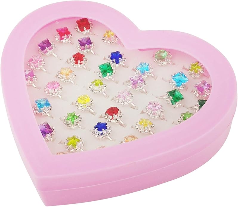36pcs Little Girl Adjustable Rhinestone Gem Rings Set with Heart Shape Display Case, Jewelry Rings for Kids Pretend Play and Dress Up