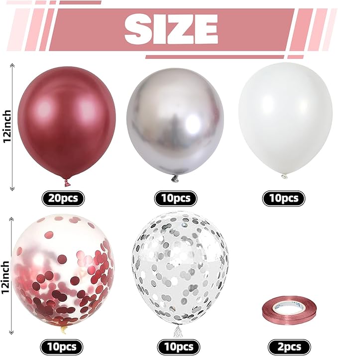 Burgundy Red and Silver Balloons, 60 Packs 12 Inch Wine Red and White Silver Metallic Confetti Balloons with Ribbons for Women Birthday Wedding Bridal Shower Retirement Party Decorations Supplies