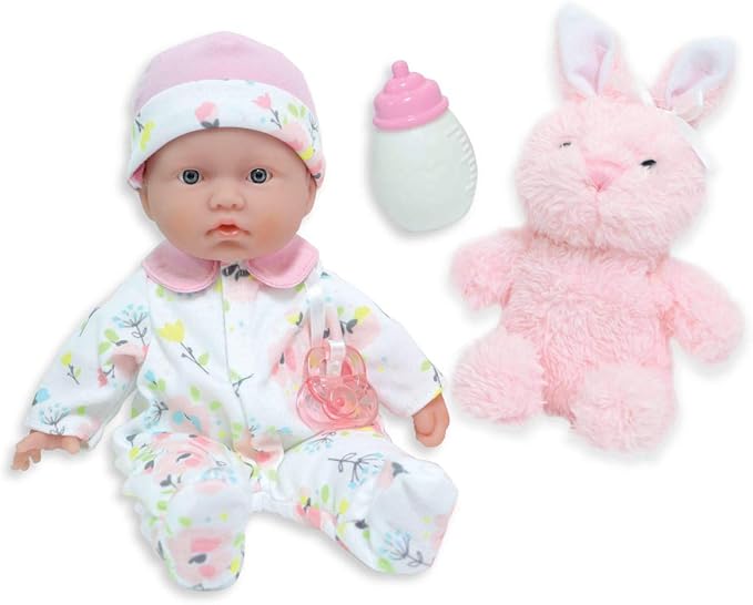 JC Toys - La Baby Travel Case Gift Set| Caucasian 11-inch Small Soft Body Baby Doll | Washable | Cute Outfit, Bottle, Pacifier & Plush Bunny | for Children 12 Months +, Pink