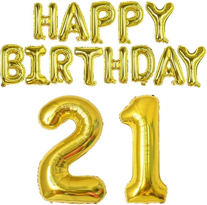Happy Birthday Balloon Banner 40 inch 21 or 12 Balloon Number 16 Inch Happy Birthday Letters Balloons Gold Foil Mylar Balloons for 21st 12th Birthday Decorations Party Supplies