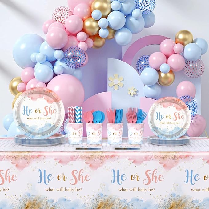 194 PCS Gender Reveal Decorations Gender Reveal Paper Plates Cups and Napkins Sets He or She Baby Shower Party Supplies Pink and Blue Disposable Tableware Set with Tablecloth Serves 24 Guests