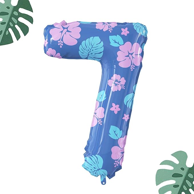 40 Inch Number 7 Balloon Leaf and Flower Birthday，7th Birthday Decorations for Kids' Parties Hawaii Party Supplies Favor Pink and Blue
