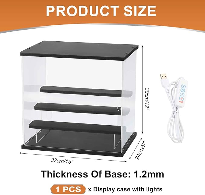 MECCANIXITY Clear Display Case, 4 Layer Acrylic Figure Display Case Clear Display Boxes for Collectibles, Figures Model Toys Home Storage(with Square LED Light, 13x9x12 Inch Black Base)