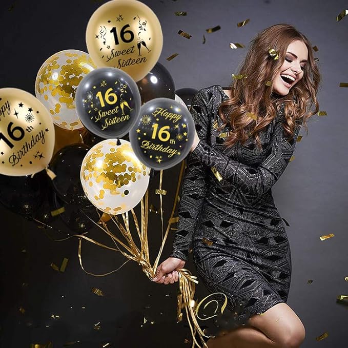 Black Gold 18th Birthday Balloons Pack of 15 Boys Girls Happy 18th Birthday Party Deocorations Supplies Boys Girls Sweet 18th Birthday Ballloons Latex Confetti Balloons 12inch & Ribbon