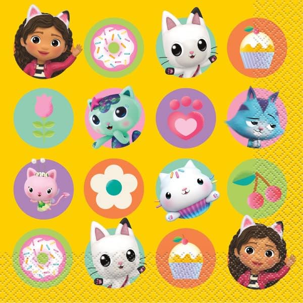Gabbys Dollhouse Birthday Party Supplies Bundle includes 24 Lunch Paper Plates, 32 Paper Napkins, 2 Plastic Table Cover, 1 Dinosaur Sticker Sheet