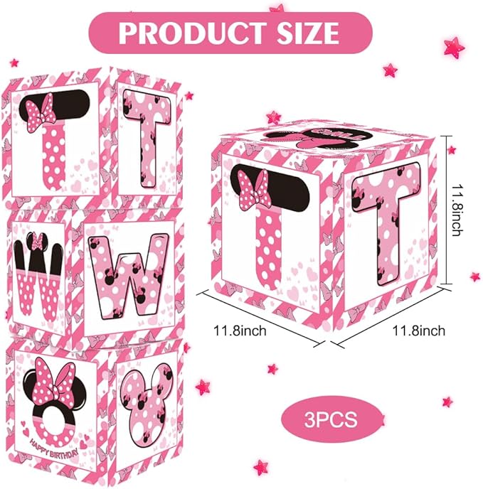 TONIFUL Pink Mouse 2nd Birthday Party Supplies Balloon Box with Letters，Pink Mouse Theme Two Years Old Birthday Party Favors for Girls Second Birthday Decorations