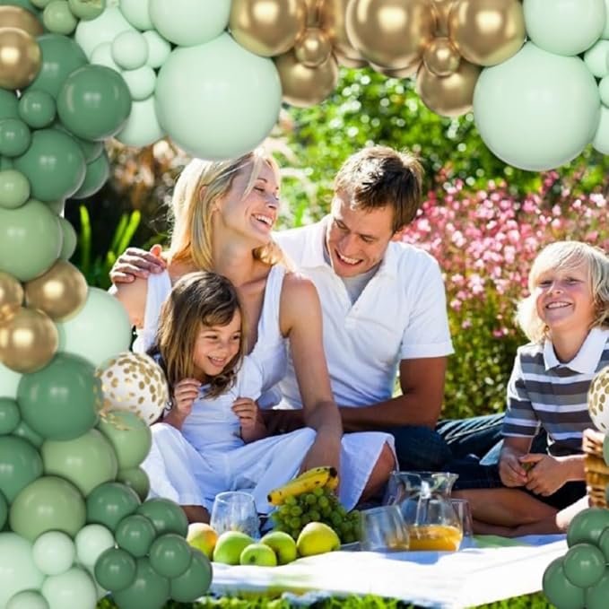 Amandir 148pcs Sage Green Balloon Garland Arch Kit, Different Sizes 18 12 10 5 inch Sage Green Gold Latex Metallic Confetti Gold Balloons St. Patrick's First Communion Safari Baptism Decorations