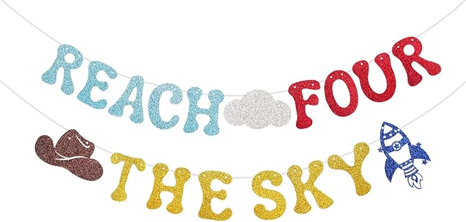 Glitter Reach Four The Sky Banner Cartoon Story 4th Birthday Party Decorations Toy Inspired Game Kids 4th Birthday Banner Party Supplies for Boy
