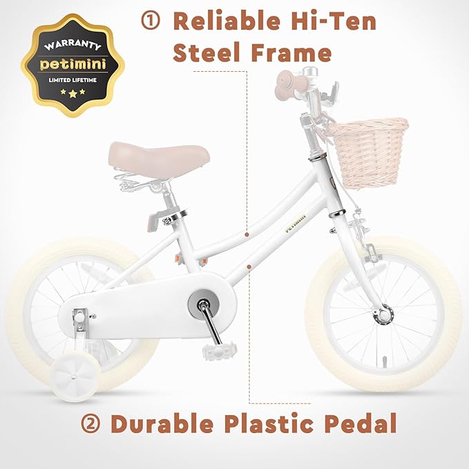Petimini Vintage Kids Bike for Girls, 12–20 Inch Classic Bicycle with Wicker Basket & Bell, High Tensile Steel Frame, Training Wheels (12–18”), 85% Pre-Assembled, Retro Bike for Outdoor Riding