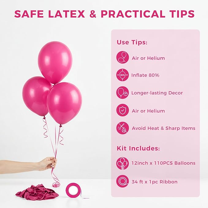 LovesTown 110PCS Latex Balloons 12inch Party Balloons Arch with Ribbon for Birthday Baby Shower Wedding Party Decorations Hot Pink (Pack of 2)