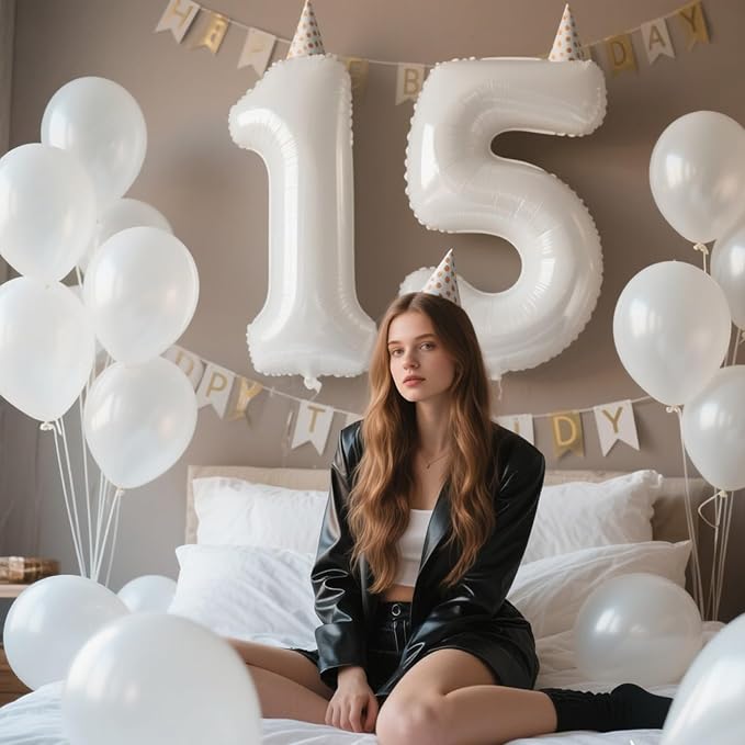 40 Inch White Number 15 Digital Balloon,Jumbo Mylar Foil Helium Balloon for 15 Balloons for Birthday Party,Wedding Anniversary Party Decorations