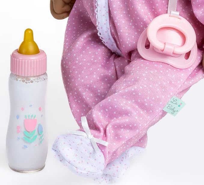 JC Toys La Baby Hispanic 16-inch Small Soft Body Baby Doll La Baby | Washable |Removable Pink and White w/Hat, Pacifier & Magic Bottle | for Children 12 Months +