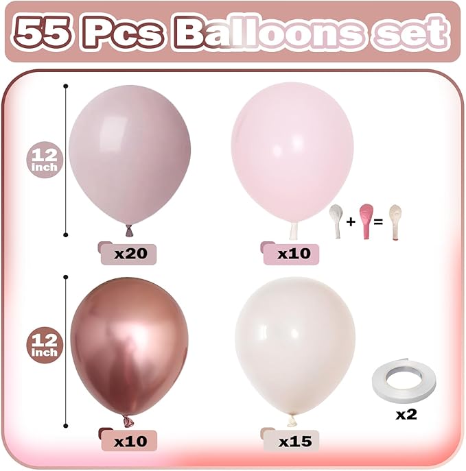 Dusty Pink Beige Balloon, 55 Packs 12 Inch Double Stuffed Retro Baby Pink and Metallic Rose Gold Balloons for Bridal Baby Shower Women Girls Birthday Wedding Party Decorations