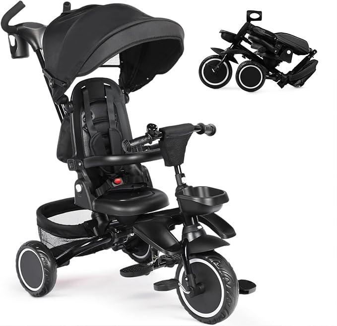 Folding Kids Tricycle, 8 in 1 Toddler Trike W/Removable & Adjustable Canopy, Parent Handle, 5-Piont Harness, Toddler Bike Tricycle for Kids 1-6 Years, EVA Wheels, Storage Basket, Black