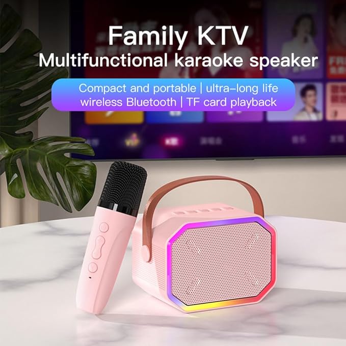Karaoke Machine for Kids and Adults, Mini Portable Bluetooth Speaker with 2 Wireless Microphones and Lights for Girls Boys Family Home Party (Pinkcolor)
