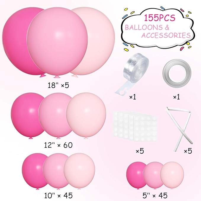 Pink Balloon Garland Arch Kit, 155 Pcs Different Shades of Pink Balloons for Girls Women Princess Birthday Bridal Baby Shower Wedding Party Decorations