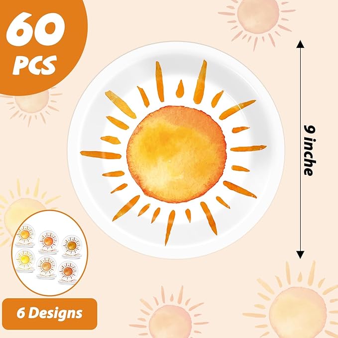 CHUNNIN 60 Pcs Boho Sun Theme Party Plates for Groovy Hippie Party Decorations 9 Inch First Trip Around The Sun Paper Plates Disposable Sunshine Tableware for Baby Shower Birthday Supplies