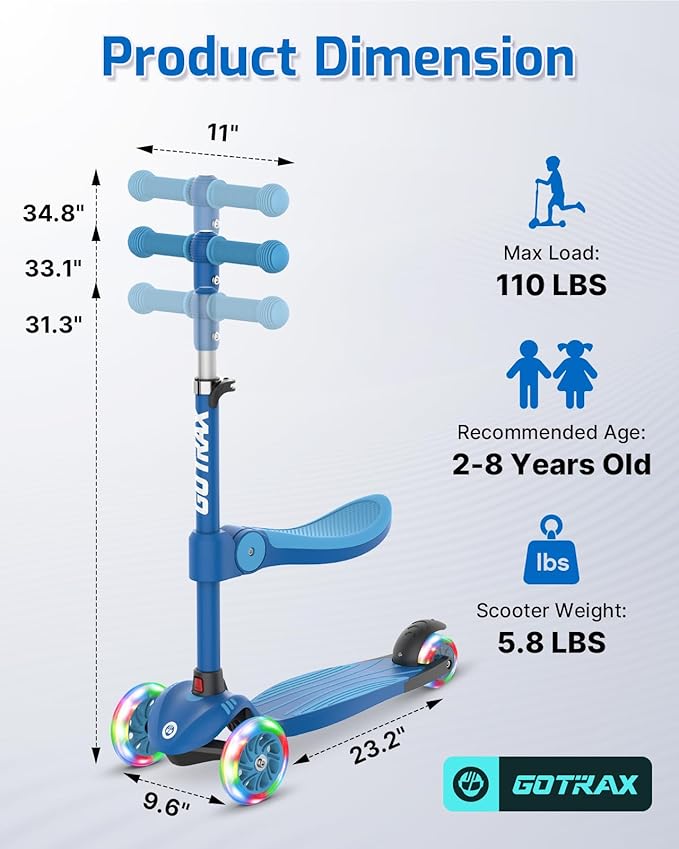 Gotrax KS3 Kids Kick Scooter, LED Lighted Wheels, Adjustable Height Handlebars and Removable Seat, Lean-to-Steer & Widen Anti-Slip Deck, 3 Wheel Scooter for Kids Ages 2-8 and up to 110 Lbs