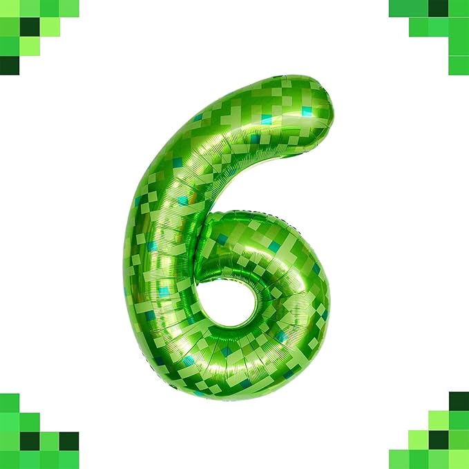 40 Inch Green Pixel Miner Number 6 Foil Balloons Large Mylar Mining Theme 6th Number Balloon Video Game Birthday Decorations Pixel Game Party Supplies