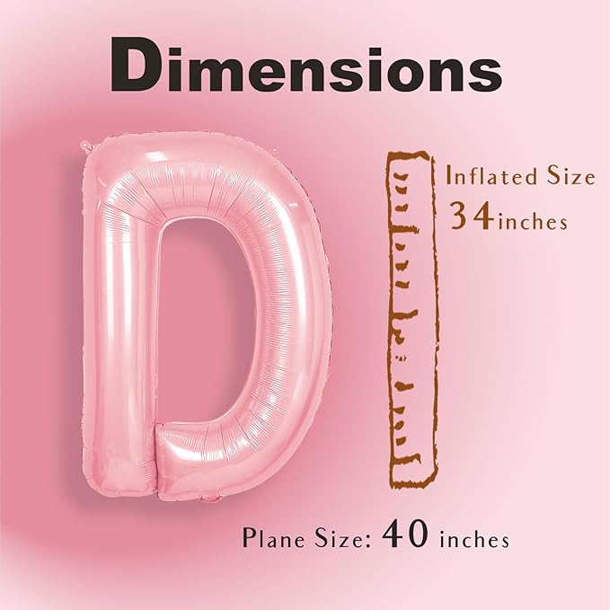 SUWEN 40 Inch Pink Large D Letter Balloons Big Foil Helium Letter Balloons A-Z Jumbo Mylar Happy Birthday Party Decorations for Girl Anniversary Party Supplies