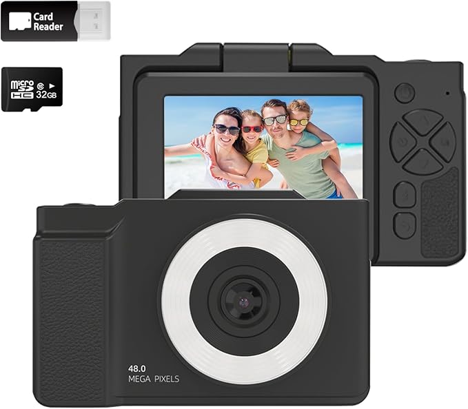 Kids Digital Camera Flip Screen,48MP,1080P HD Selfie Kids Camera,with 16x Zoom Anti Shake,with 32GB TF Card,Durable Compact Camera for Boys Girls Kids