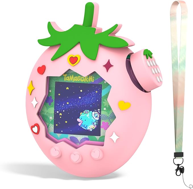 OAJ Cartoon Strawberry Lanyard & Silicone Case for Tamagotchi Paradise - Cute Protective Cover, Strap for Tamagotchi Electronic Pet
