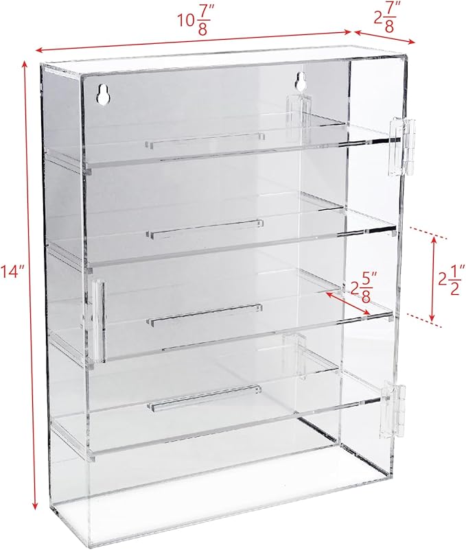 Ikee Design Mirror Back Premium Acrylic Wall Mountable Display Case with 4 Shelves for Figures and More, Acrylic Case for Home Decor, Shop Display and Showcasing Use, 10.87 W x 2.87 D x 14 H in