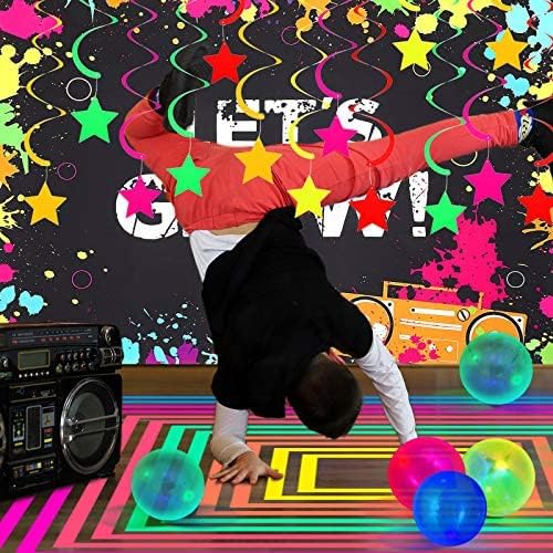 Chuangdi 44 Pcs Neon Birthday Party Decoration Glow in The Dark Party Supplies Includes Let's Glow Banner Star Hanging Swirl Fluorescent Balloons UV Black Light Reactive Tape Neon Dots