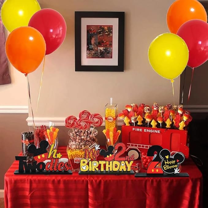 TONIFUL Red Mouse 2nd Birthday Party Supplies 2nd Table Centerpieces - Red Mouse Theme Design and Sturdy Wooden for Two Years Old Birthday Party Favors 2nd Birthday Decorations (4 Pcs)