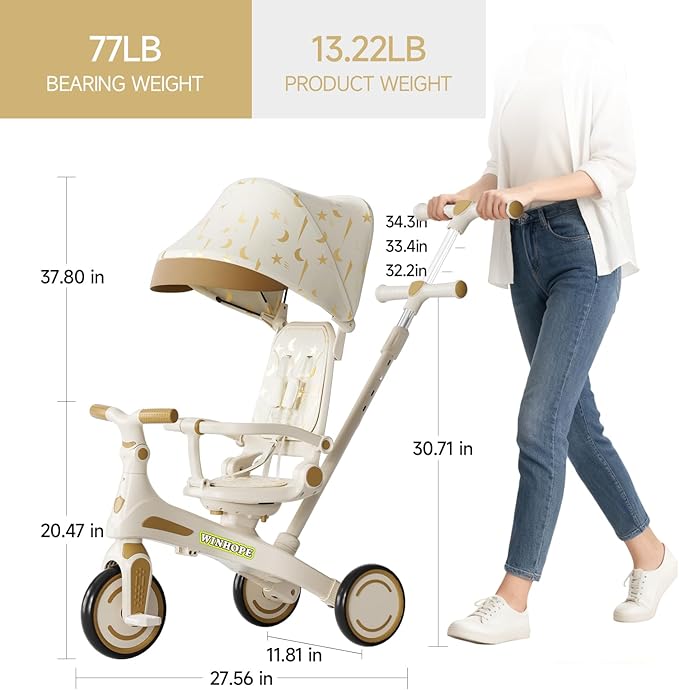 Winhope Kids Tricycle, 6 in 1 Baby's Tricycle Toddler Trike with Adjustable Push Handle, Reversible Seat and Canopy, Baby Stroller for 1-6 Year Olds, Suitable for Outdoor Activities (Beige)