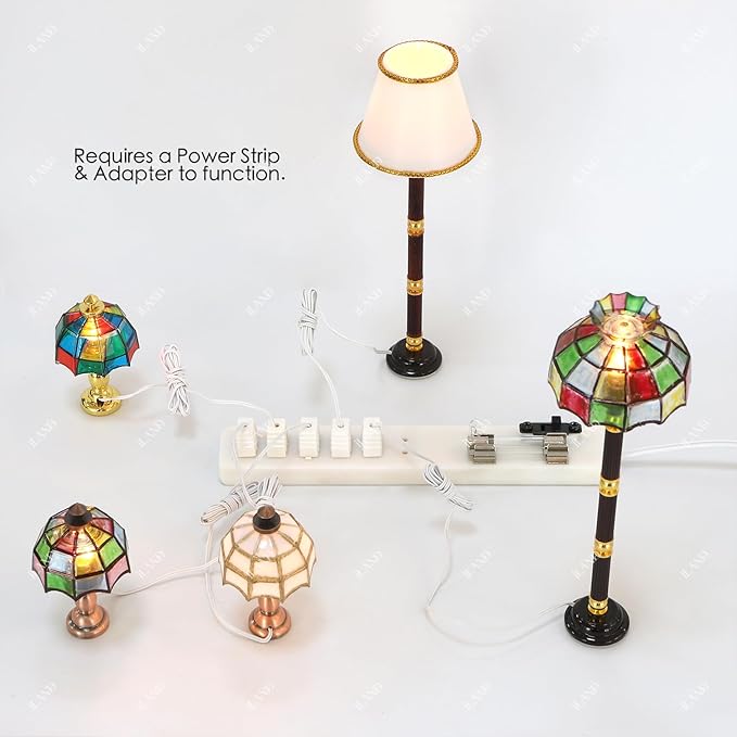 iLAND 1/12 Scale Accessories of Dollhouse Lights, Classic Miniature Lamp for Dollhouse Decoration, Elegant White Lattice Table Lamp w/Plug