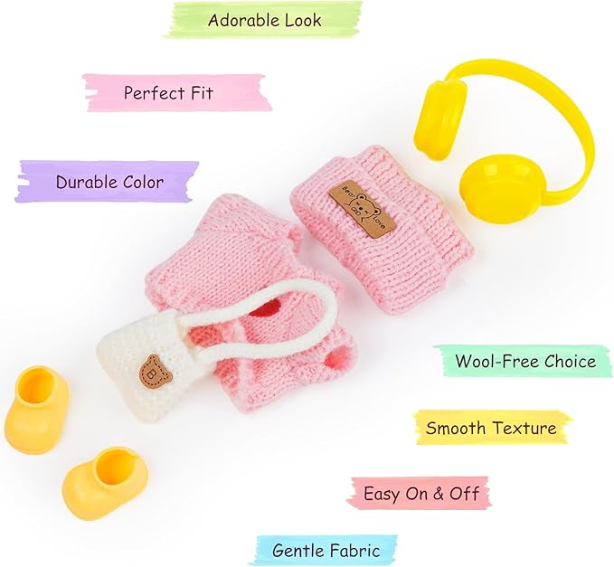 17cm Doll Clothes Accessories - Pink Knit 5-Piece Outfit (No Doll) with Mini Hat, Ear Muffs, Shoes, Bag for 6.7 Inch Dolls Doll Clothing