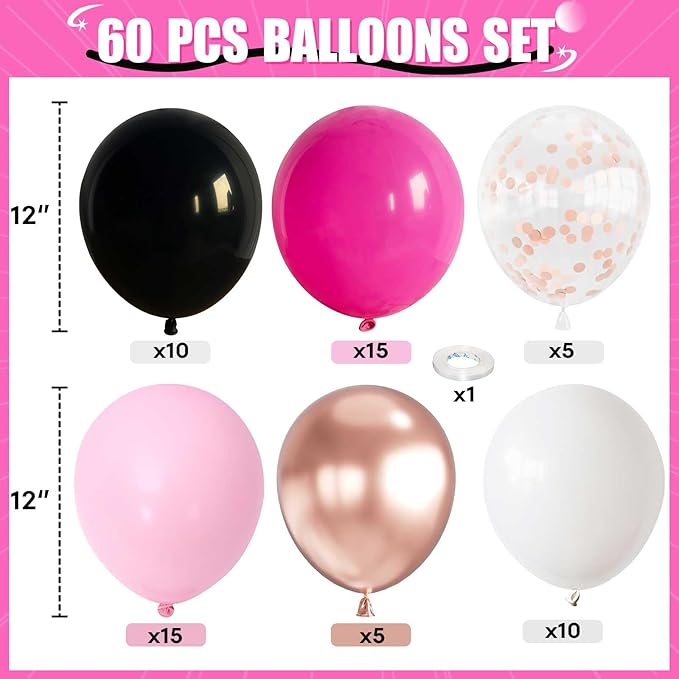 Pink and Black Balloons, 60PCS 12 Inch Hot Pink and Black Balloon Rose Gold Confetti Balloons for Hot Girls Women Birthday Party Baby Bridal Shower Party Decorations