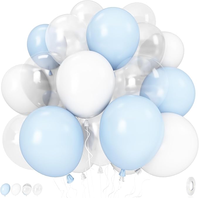 Pastel Blue and White Balloons, 12 Inch 35PCS Light Baby Blue Pearl White with Clear Latex Balloon for Boys Birthday Bachelorette Party Bridal Baby Shower Winter Holiday Party Decorations Supplies