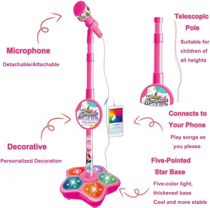 Karaoke Machine for Kids, Wireless Kids Microphone with Stand, Kids Star Microphone with Adjustable Stand & Led Lights, Battery Powered, for Girls Boys Singing Interaction (Blue)