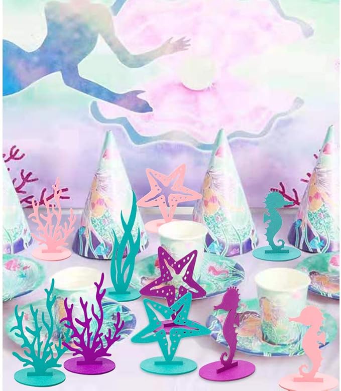 SUNBEAUTY 20Pcs Mermaid Party Decoration DIY Felt Under The Sea Table Centerpiece Ocean Theme Seahorse Starfish Seaweed Birthday Baby Shower Little Mermaid Girl Birthday Party Supplies