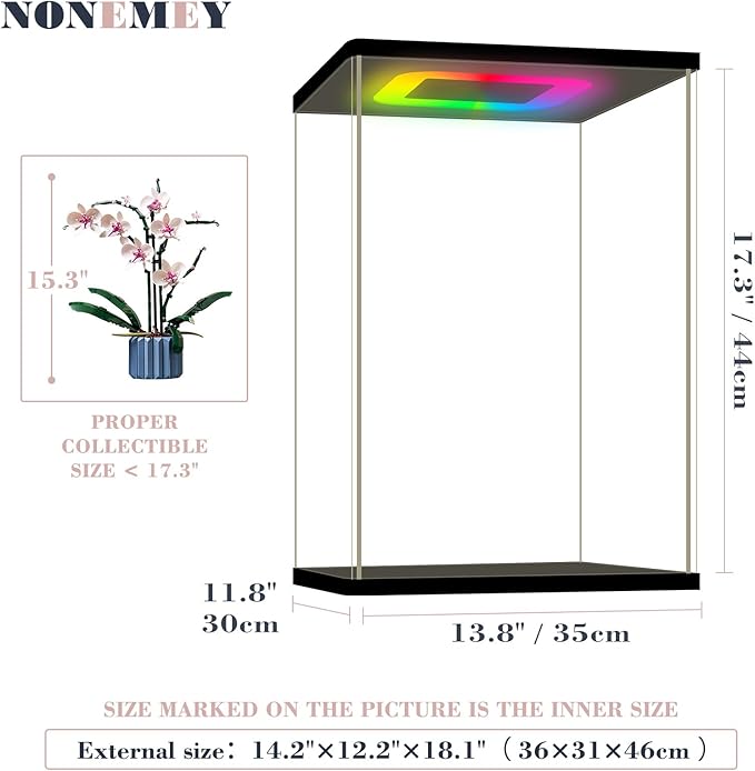 NONEMEY Clear Acrylic Display Case with RGB LED Light for Lego 10311, Dustproof Model Showcase Organizer Box, Display Case for Collectibles Bearbrick (13.8x11.8x17.3 inch, 35x30x44cm)