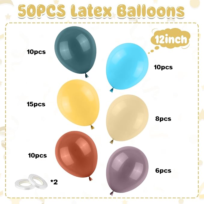 Colorful Balloons Boho Rainbow Latex Balloon Set, 50PCS 12Inch Retro Mustard Yellow Slate Blue Balloons Mixed Colored Balloon for Baby Shower Boho Safari Groovy Birthday