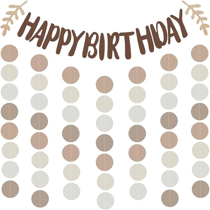 Zwiebeco Coffee Brown Happy Birthday Party Decoration Banner Apricot Leaf Morandi Color Circle Dot Hanging Paper Bunting Sign for Kids Adults Retro Theme Accessories Supplies