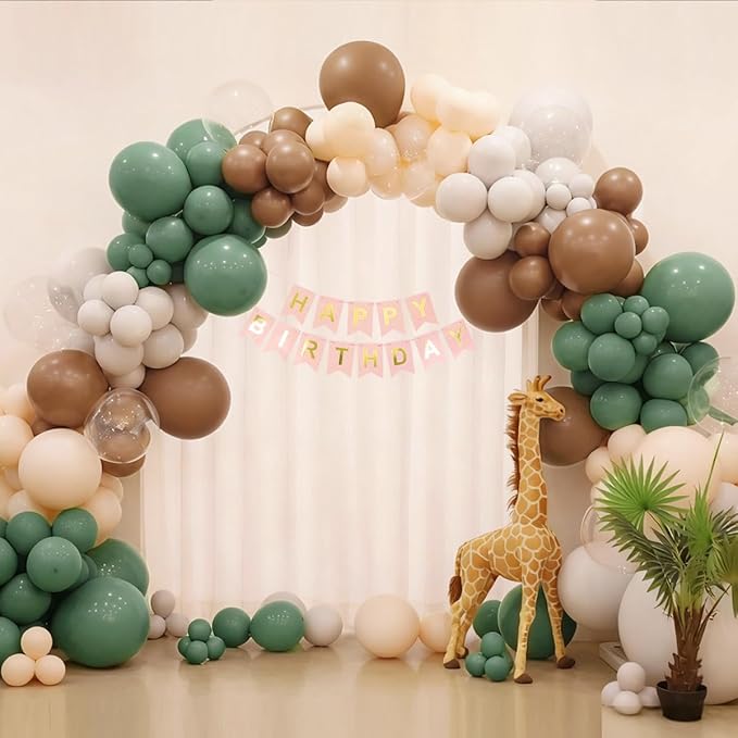 Sage Green Brown White Garland Arch Kit, 155Pcs Latex Balloons Different Sizes 18 12 10 5 inch for Safari Jungle Woodland Birthday Baby Shower Decorations