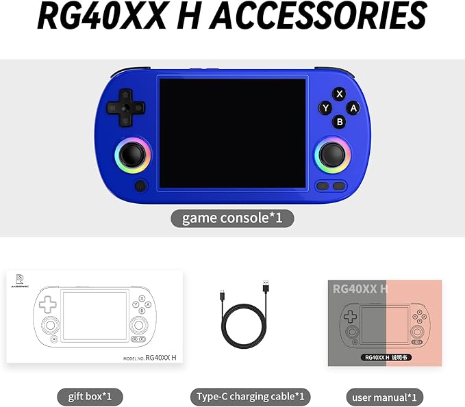 RG40XX H Retro Handheld Game Console 4-inch 640*480 IPS Screen 3200mAh Built-in 64G TF Card Supports Multiple Simulators Linux System with Screen Protector (Blue-64G)