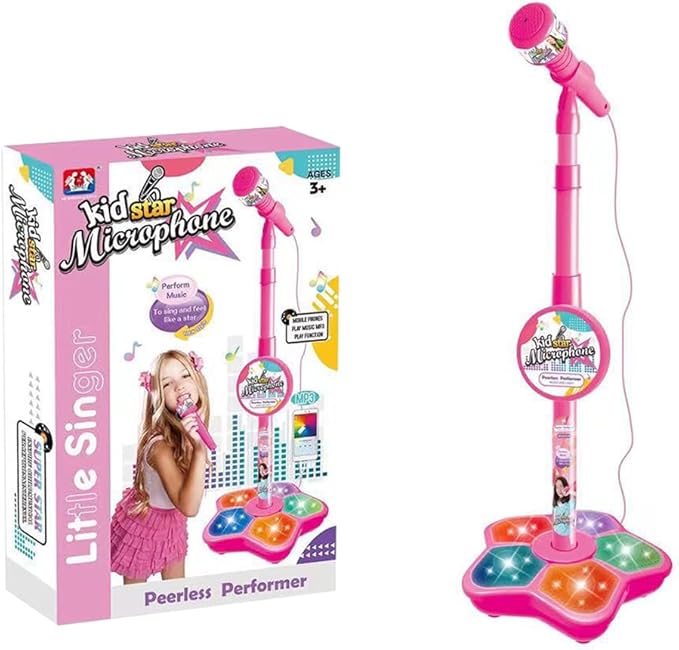 2026 New Star Microphone with Stand, Built-in Music & Colorful Lights, Echo Effects Portable Karaoke Machine, Kid-Friendly Singing Toy for Music Play (Pink)