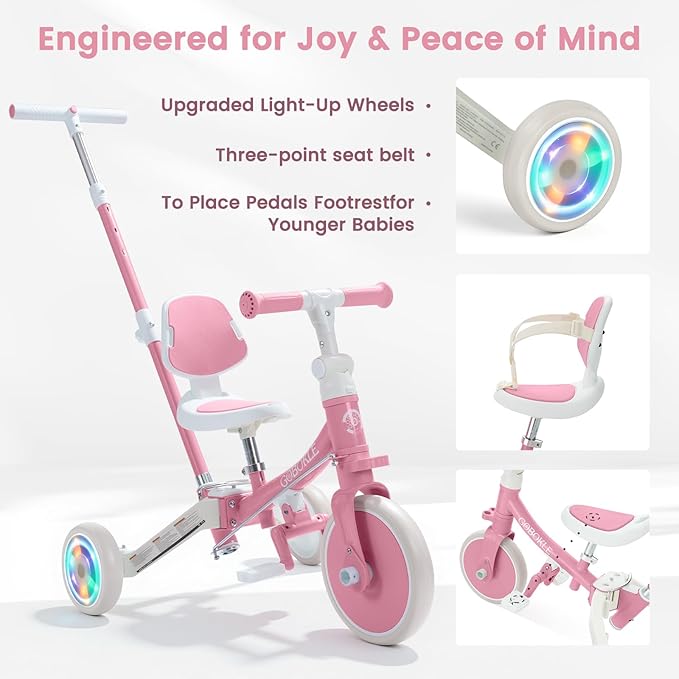5-in-1 Tricycle for Toddlers 1-3, Convertible Toddler Bike with Push Handle & Removable Pedals, Balance Bike with Colorful Lighting Wheels, Adjustable Seat Height with Backrest(Pink)
